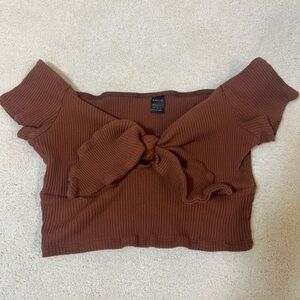 SHEIN Brown Ribbed Tie Front Crop Top
